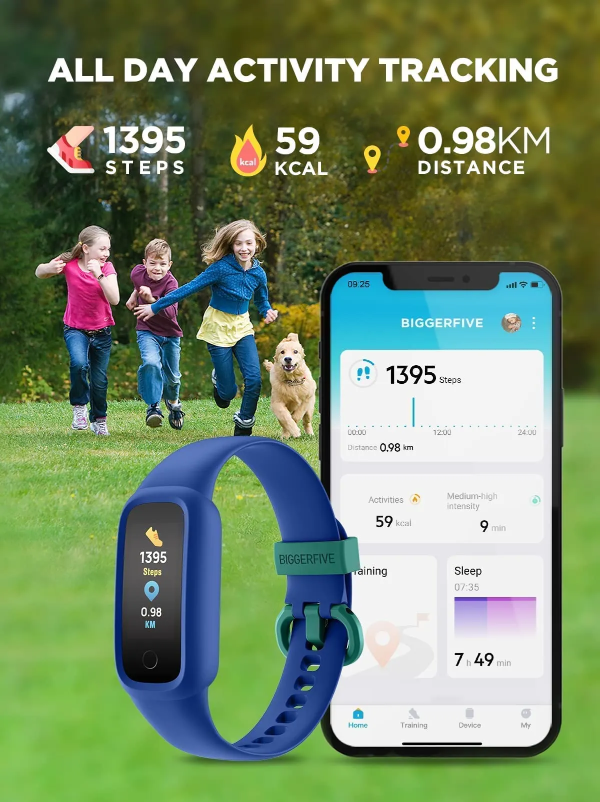 BIGGERFIVE Vigor 2 L Kids Fitness Tracker Watch for Boys Girls Ages 5-15, IP68 Waterproof, Activity Tracker, Pedometer, Heart Rate Sleep Monitor, Calorie Step Counter Watch, Blue