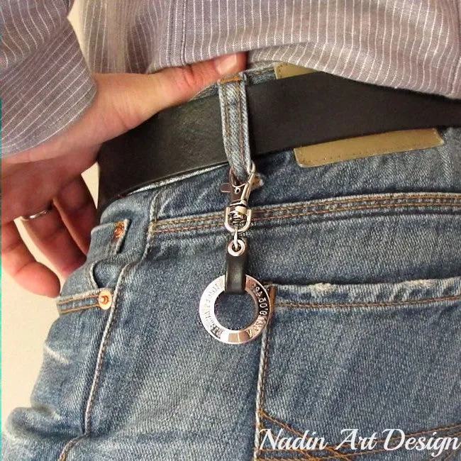 Fathers Day Gift - Personalized Black Leather Keychain