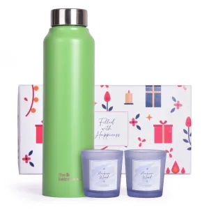Gleevers Corporate Gifts for Employees |Pack of 3 with Stainless Steel Bottle (Green, 1ltr) & 2 Arabian Wood Candle (60 gm Each)| Wedding Return Gifts, Diwali Gift Items for Corporate, Return Gifts