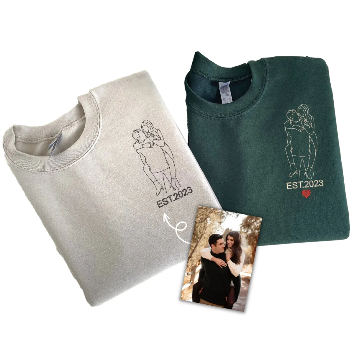Personalized Unique Wedding Shower Gifts for Couples Sweatshirt with Embroidery Photo Date Text on Sleeve