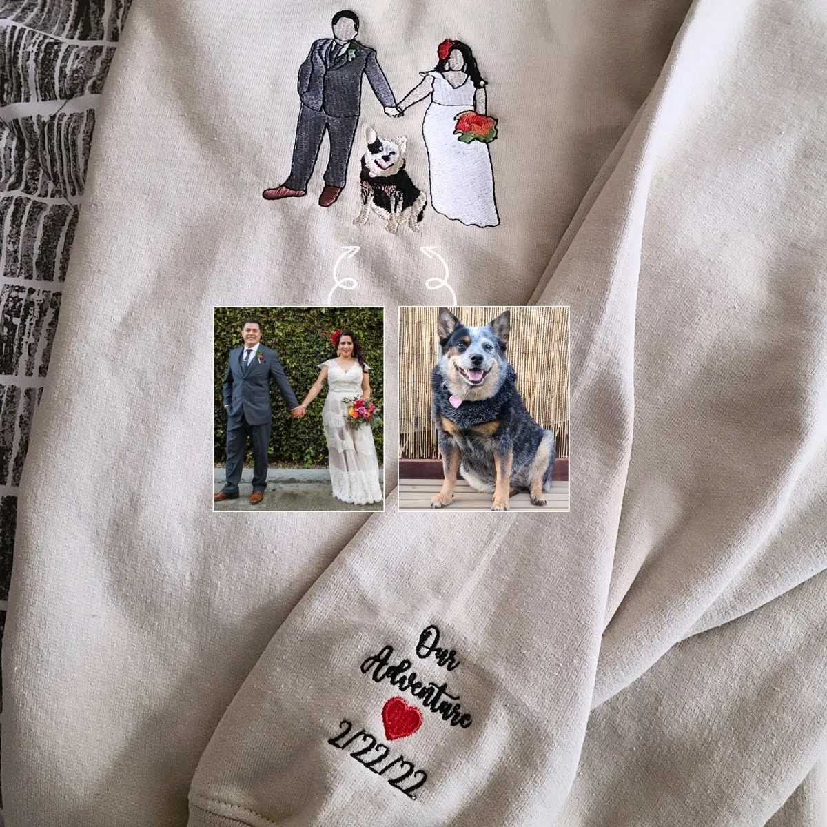 Personalized Unique Wedding Shower Gifts for Couples Sweatshirt with Embroidery Photo Date Text on Sleeve
