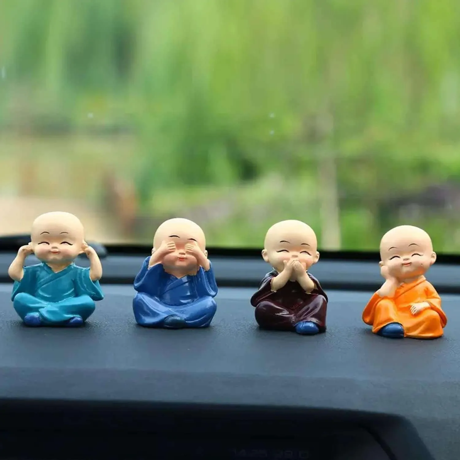 Set of 4 Buddha Monk Statues Miniature Figurines Showpiece for Wall Shelf Table Desktop Car Dashboard Decoration Home Office Decor Feng Shui Items (Cute_Buddha_Set-of-4) (Style_1